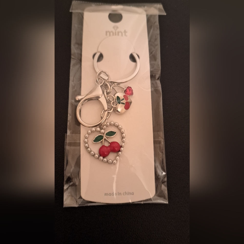 Mint Cherry Heart Keychain charm with Silver Details NWT